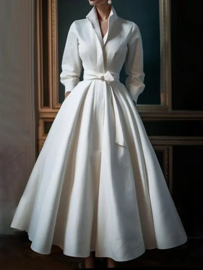 Elegant Women's Solid Color Stand Collar Shirt Dress Casual Mid-Length Waisted Evening Party Dress for Women 2024