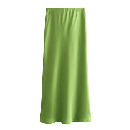 2026 New Women's European And American Style Fashion Silk Satin Texture High Waist Skirt Street Style Elegant Mid-length Skirt