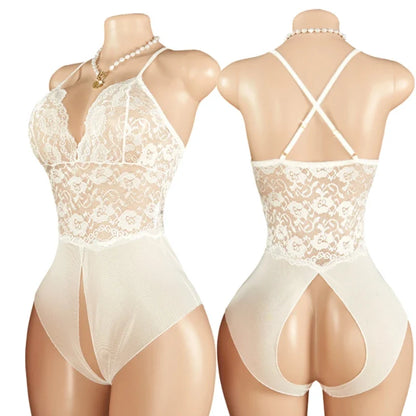 Woman Crotchless Lingerie Bodysuit Erotic Lace Mesh Underwear Babydoll Dresses Sexy Pajamas See Through Jump Suit Desire Costume