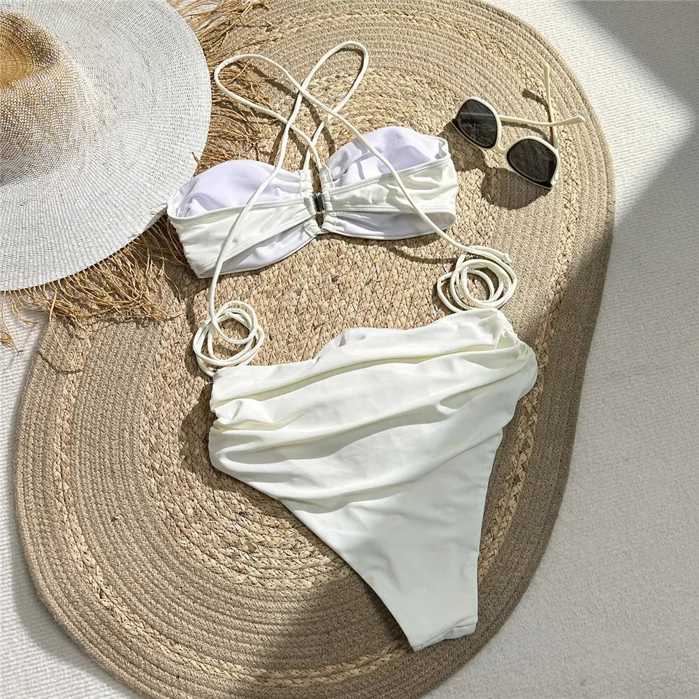 Sexy Red 3D Flower Swimwear Halter Bandeau Bikinis Sets High Wiast Swimsuit 2025 Women Ruched Bathing Suit Bikini Mujer Bather