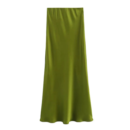 2026 New Women's European And American Style Fashion Silk Satin Texture High Waist Skirt Street Style Elegant Mid-length Skirt