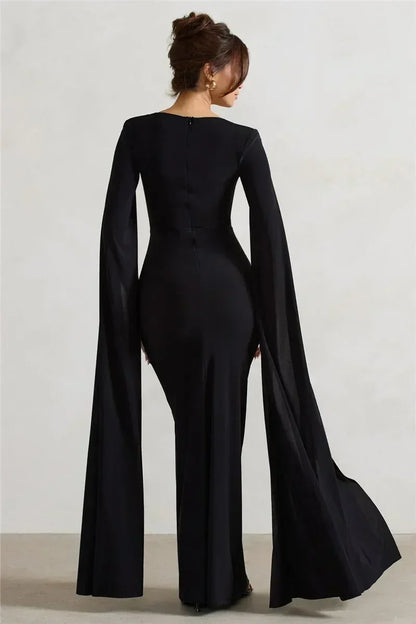 Mozision Long Cape Sleeve Split Maxi Dress For Women Gown Fashion Solid Square Collar Evening Sexy Long Dress Elegant New