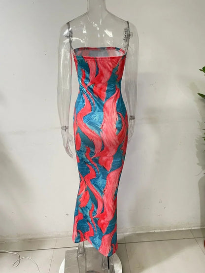 Spring And Summer Dresses For Women Chest Wrap Printed Off Shoulder Bandage Slim Sexy Long Dress 2023 New Fashion party MsChuh