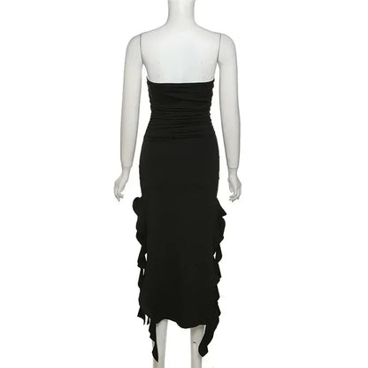 Cryptographic Irregular Ruffle Off Shoulder Sexy Backless Midi Dress for Women Elegant Birthday Vestido Summer Sundresses Ruched