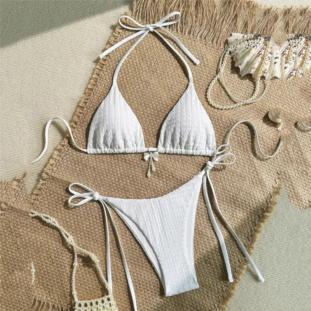 Yellow Halter String Triangle Micro Bikini Thong Solid Swimwears Bow Pearl Sexy Swimsuit Women Bathing Suit Bikinis Sets 2026
