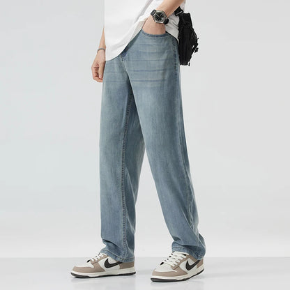 New Summer Thin Soft Lyocell Fabric Men's Jeans Classic Straight Denim Pants Work Wide Leg Casual Trousers Male Big Size 40 42