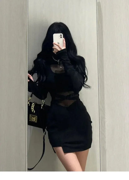 Pile Up Sleeves New Sexy Black Fishbone Dress Personalized Slim Women Dress Thin Gauze Perspective Wrap Around Buttocks  F8Q3