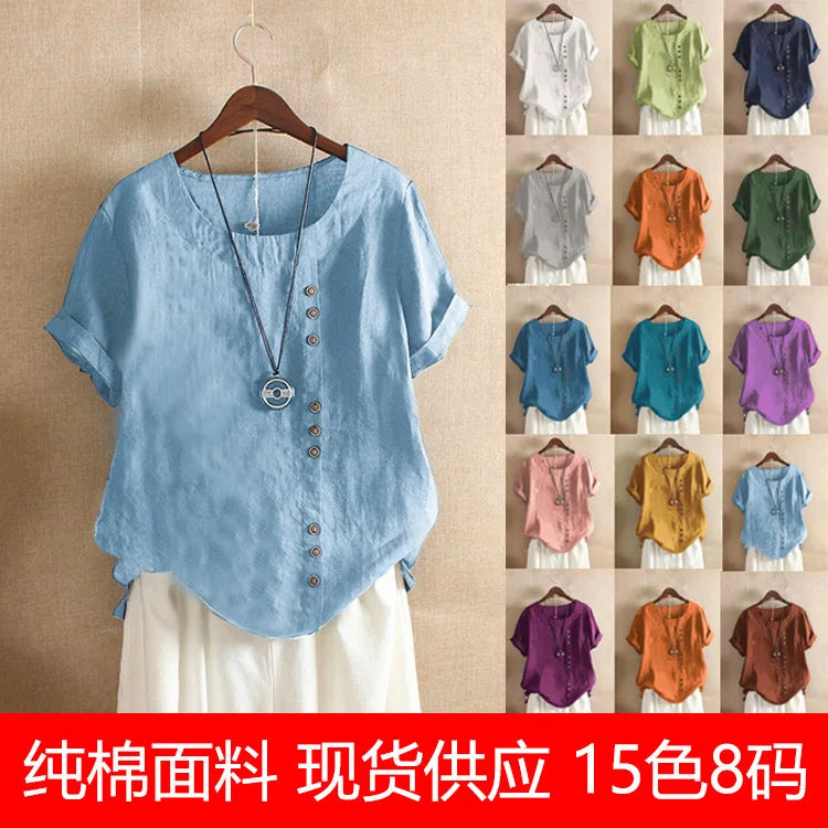 18 Colors S-5XL Women Cotton Linen Button Blouse Summer Female O-Neck Short Sleeve Solid Shirt Tops WYLP-M03