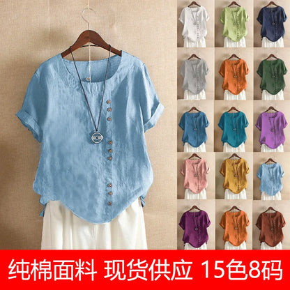 18 Colors S-5XL Women Cotton Linen Button Blouse Summer Female O-Neck Short Sleeve Solid Shirt Tops WYLP-M03
