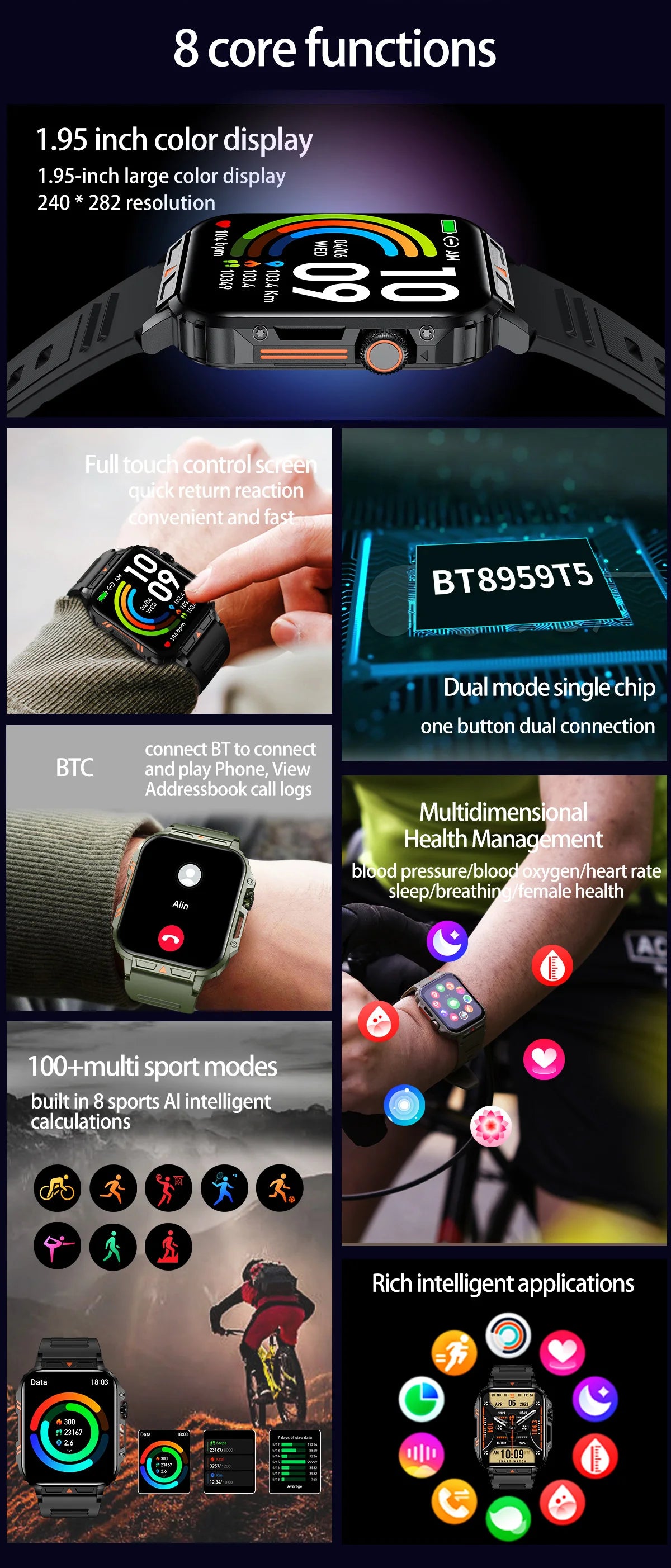 1.91 Outdoor Military Smart Watch Men Bluetooth Call Amoled Smartwatch For Android IOS IP68 Waterproof Sports Fitness Watches
