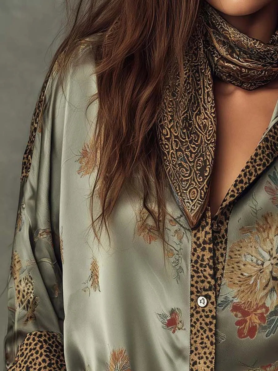 Retro Floral Print Loose Blouse Women Leopard Splice Lapel Button Long Sleeve Satin Shirts Casual Beach Bohemian Tops with Scarf