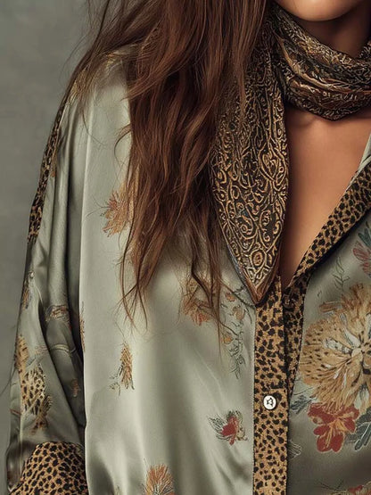 Retro Floral Print Loose Blouse Women Leopard Splice Lapel Button Long Sleeve Satin Shirts Casual Beach Bohemian Tops with Scarf