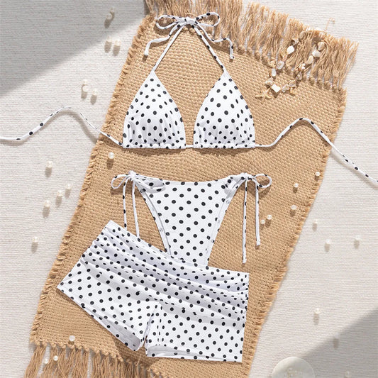 White Dot Print Micro Thong 3 Piece Bikinis Sets Bottoms Shorts Swimwear Sexy Swimsuit Woman 2026 Halter String Triangle Bikini