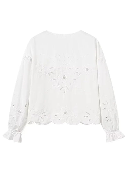 Foridol Heart Embroidery White Cotton Women Blouse Bowknot Spring Summer Lantern Sleeve Casual Shirt V Neck Loose Chic Blusa