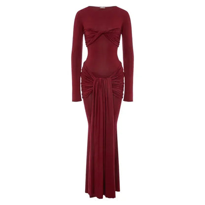 Tossy Female Pleated Sexy Maxi Dress Patchwork Twist Slim Long Sleeve Solid Y2k Autumn Streetwear Dress Women's Bodycon Dress