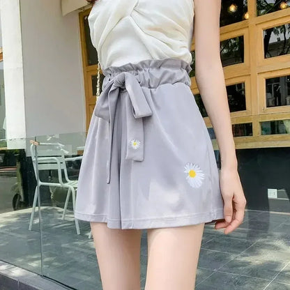 Summer Lightweight Black Casual Sports Pants Women Student Loose High-Waist Wide-Leg Shorts