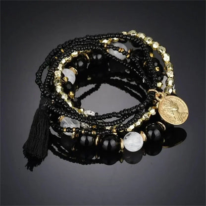 Bohemia Crystal Tassel Multicolor Beads Bracelets For Women Handmade Elastic Rope Charm Wrap Bracelet Summer Beach Party Jewelry