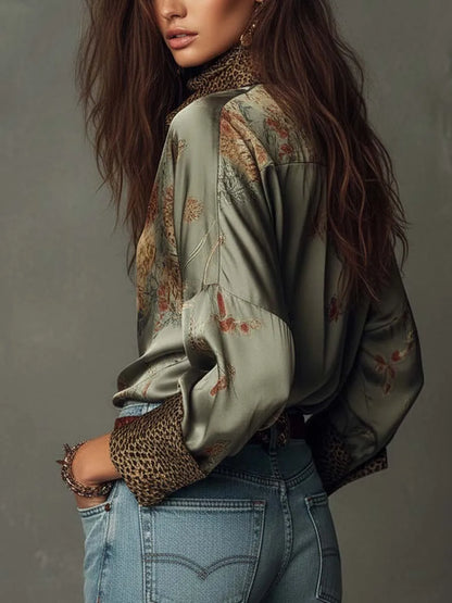 Retro Floral Print Loose Blouse Women Leopard Splice Lapel Button Long Sleeve Satin Shirts Casual Beach Bohemian Tops with Scarf