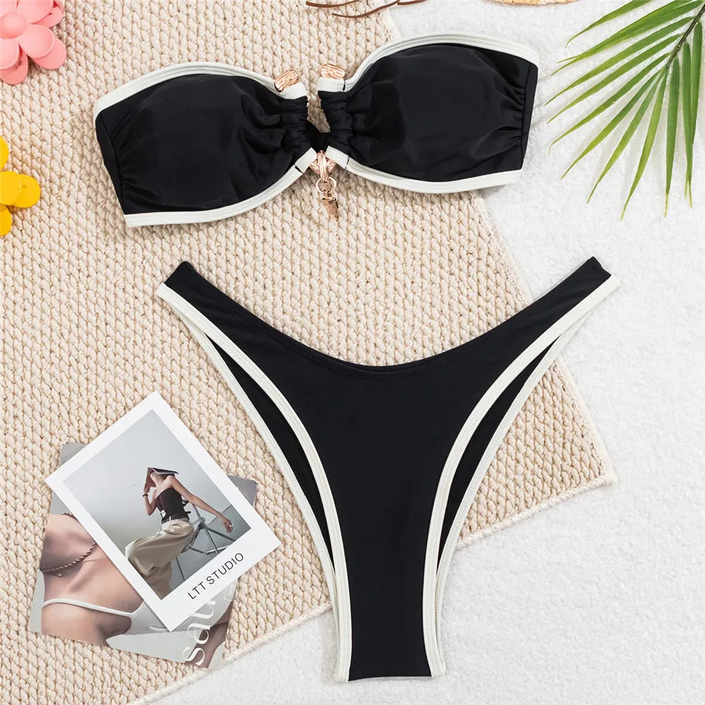 White Bandeau Bikinis Sets Woman Sexy Swimsuit Contrast Color Metal Buckle Swimwear High Cut Bathing Suit Brazilian Bikini Mujer