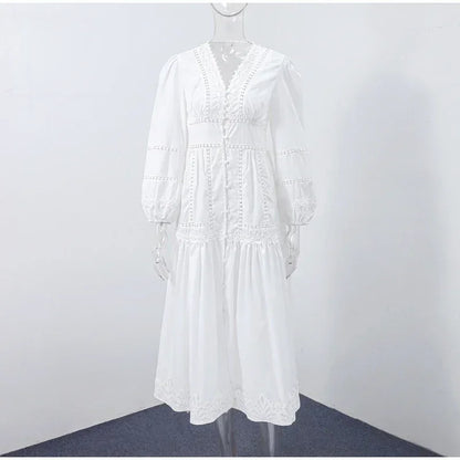 Elegant Lace Patchwork Hollow Out Dress Women Solid V-neck Long Lantern Sleeve Loose Dresses 2025 Spring Vacation Lady Robes