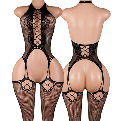 Sexy Body Lingerie Bodysuit Hanging Neck Bodystockings Erotic Crotchless Women Fishnet Hollow Open Bra Underwear Black Stockings