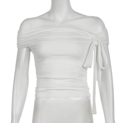 Korean Style Solid Color Women's Top Casual Slash neck Crop Top Fahionable Slim Fit White Tee Lady Summer Night Out Dress up