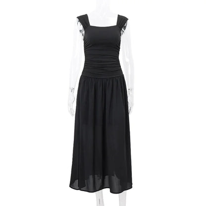 Ruched Bodycon Maxi Dress | Y2K Square Neck Slip Dress -femstylo