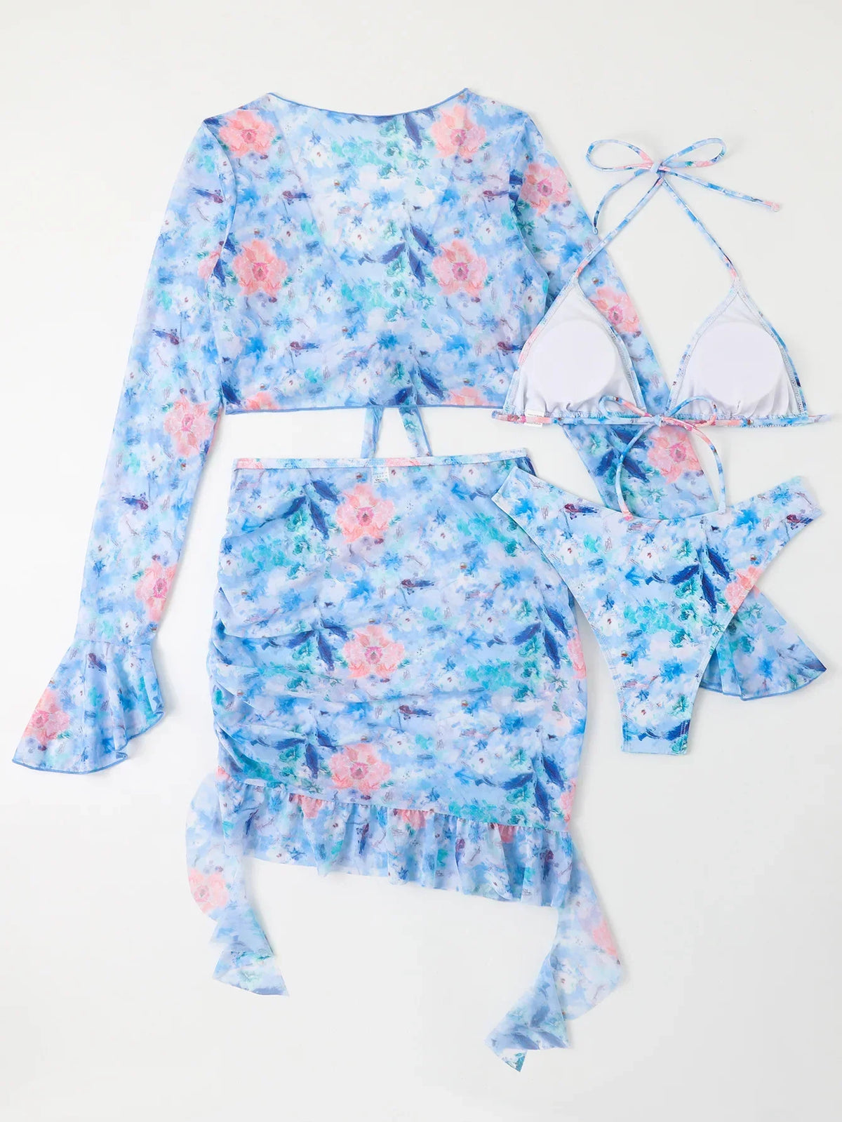 Sexy Floral Print Ruffle Bikini 2026 Women 4 Pack Swimsuit Brazilian Swimwear Female Beachwear Thong Bathing Suit Beach Cover-Up