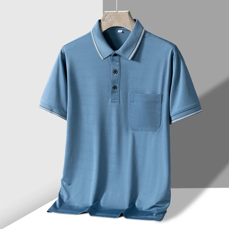 TFETTERS Polo Mens Tshirt for Dady Short Sleeve Turn Down Collar Business Anti-wrinkle Real Pocket Design Polo Shirt Man