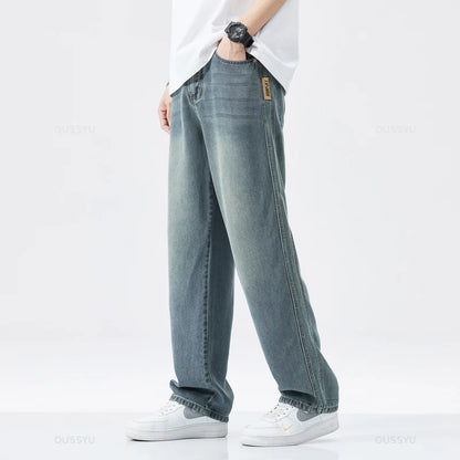Spring Summer High Quality Soft Lyocell Fabric Jeans Men Thin Loose Wide Leg Pants Elastic Waist Casual Trousers Plus Size 28-40