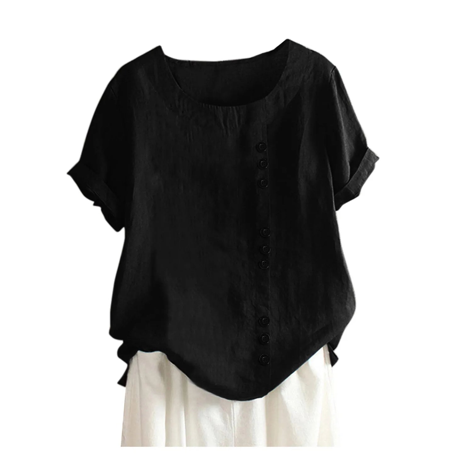 18 Colors S-5XL Women Cotton Linen Button Blouse Summer Female O-Neck Short Sleeve Solid Shirt Tops WYLP-M03