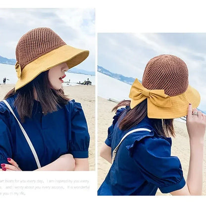 Summer Women Bucket Hat UV Protection Sun Hats Soft Foldable Wide Brim Outdoor Beach Hat Panama Cap Ponytail Cap