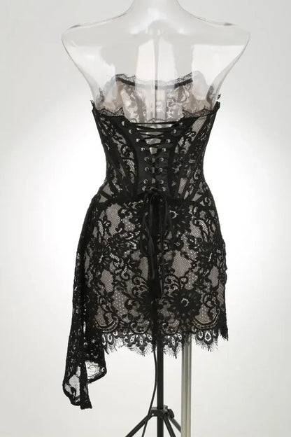 TARUXY Sexy Lace See-through Patchwork Corset Dress Female Bodycon Elegant Party MIrrgualr Mini Dress Women Tube Top Dress New