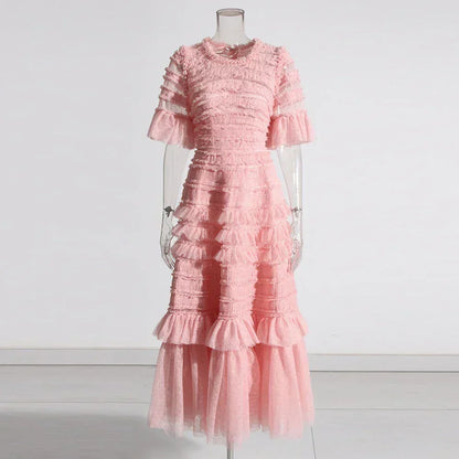 Patchwork Edible Tree Fungus Elegant Dresses For Women Round Neck Short Sleeve High Waist Temperament Dress Female Fashion