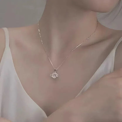 925 Sterling Silver Planet Shape Necklace Simple Charm Shiny Geometric Shape Pendant Birthday Gift for Women Exquisite Jewelry
