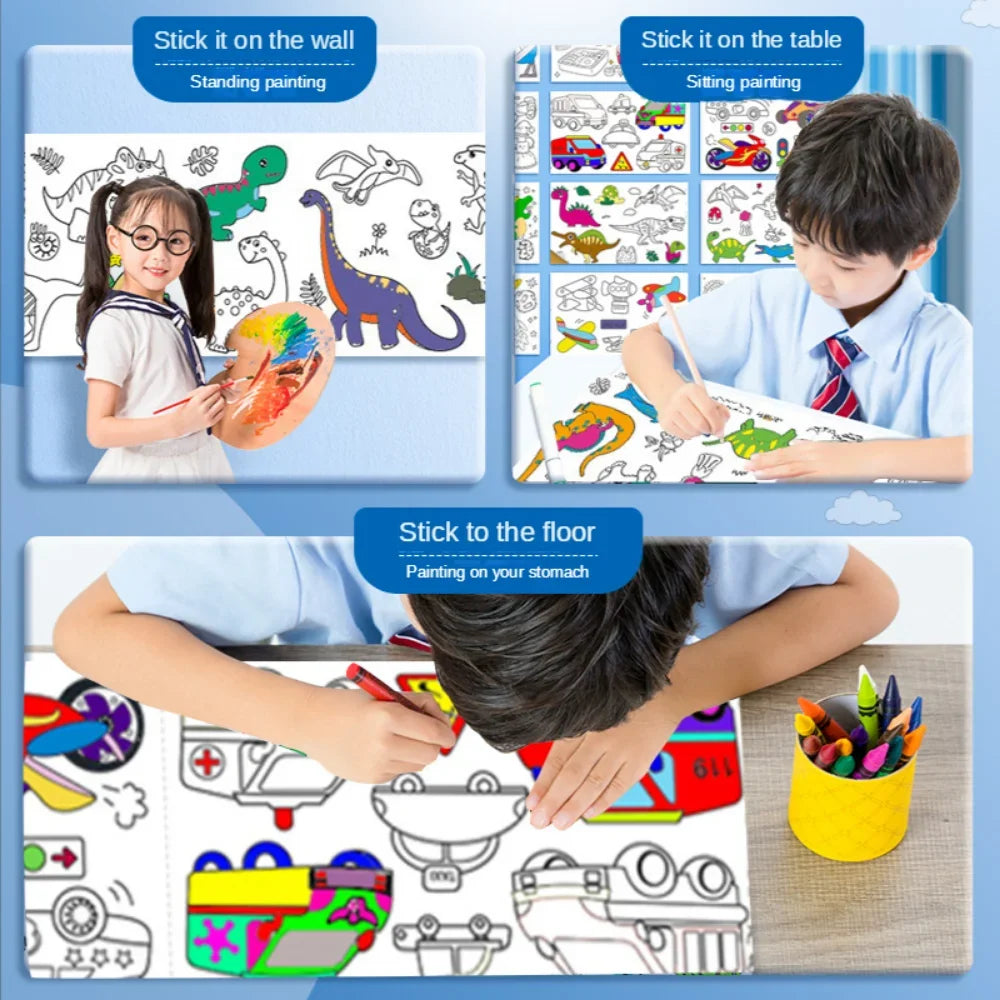 Children Drawing Roll Sticky Graffiti Scroll DIY Painting Color Filling Paper Coloring Papers for Kids Educational Toys Gifts