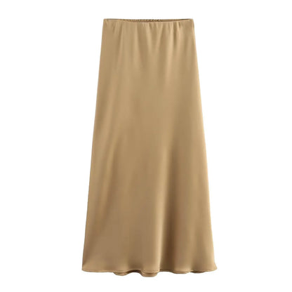 2026 New Women's European And American Style Fashion Silk Satin Texture High Waist Skirt Street Style Elegant Mid-length Skirt