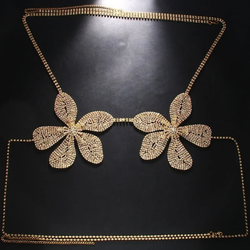 Exaggerated Crystal Flower Chest Chain Lingerie Women Accessories New in Summer Top Rhinestone Body Jewelry Bra Bikini Clothing