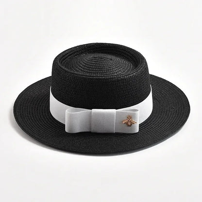 NEW Spring Summer Straw Hats for Women Round Bumpy Surface Flat Top Bowknot Dress Cap Travel Beach Sun Hat Gorra