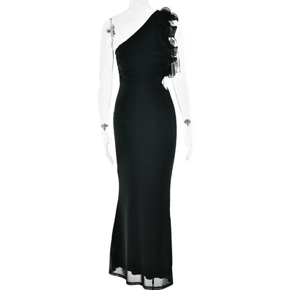 Articat Elegant Sleeveless Slant Shoulder Flower Dress Women Spring/Summer 2025 Sexy Mesh Wrap Hip Dress Party Evening Dress