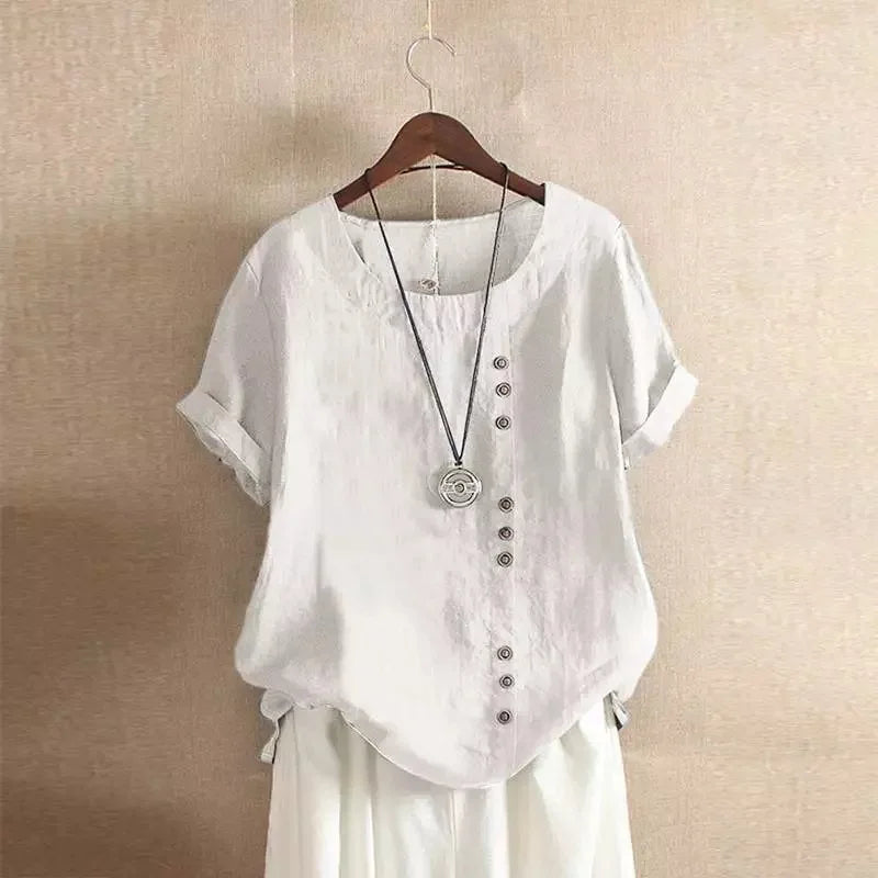 18 Colors S-5XL Women Cotton Linen Button Blouse Summer Female O-Neck Short Sleeve Solid Shirt Tops WYLP-M03