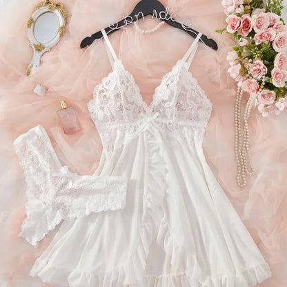 Sexy Lingerie Set Women Erotic Bra Nightdress Sexy Lace Sleepwear Solid Slim Soft Dresses V Neck Full Slip Sleepwear & Dresses