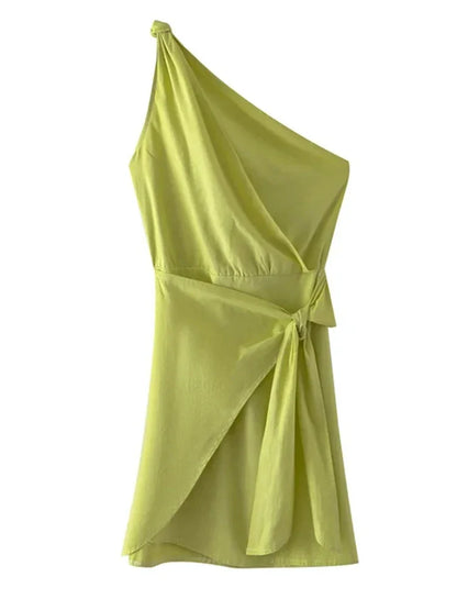 Foridol One Shoulder White Cotton Ruched Short Summer Dress Bowknot Beach Sundress Women Sleeveless Solid Dress