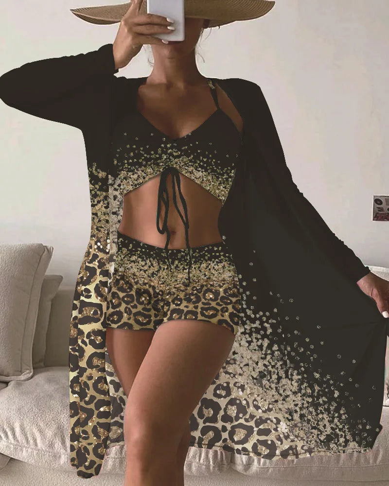 Women Bathing Suit  Print Leopard Bikinis 3 Pieces Swimsuit Kimono High Waist Bikini Shorts Long Sleeve Beach Cover Up Swimwear