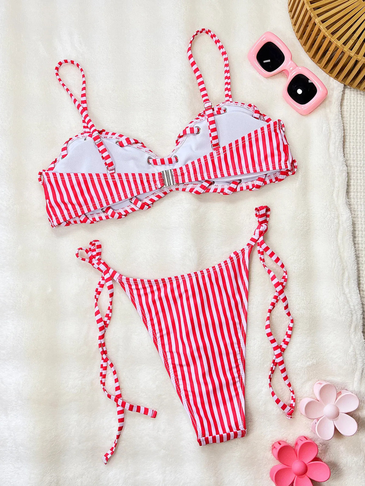 Bandeau Sexy Bikini Pink Striped Women Swimsuits Female Swimwear Bathing Suit Summer Brazilian Swimming Suits Beachwear Biquini