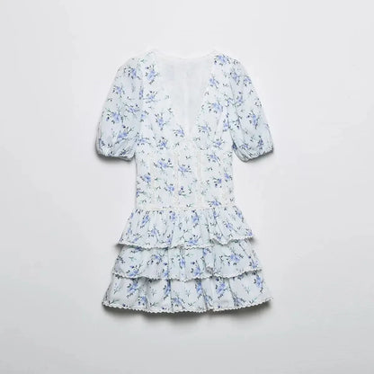 Foridol Blue Flower Print Women Tiered Mini Aummer Autumn Beach Dress Puff Sleeve Vintage Party Cotton Short Boho Lace Dress