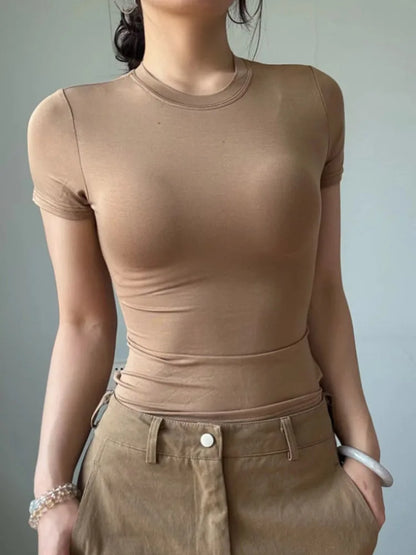 Slim Fit Solid Color Women's Casual T-shirt Short Sleeve Fashion Trend Y2K Top High Quality 2026 New Arrival