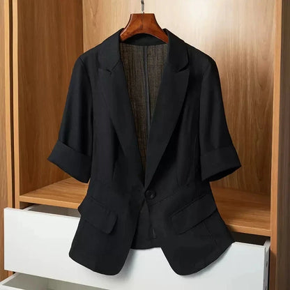 Black Solid Casual Turn-Down Collar Single Button Short Sleeve Women's Jacket Korean Fashion Suit Blazer Short Jackets Coat 2026
