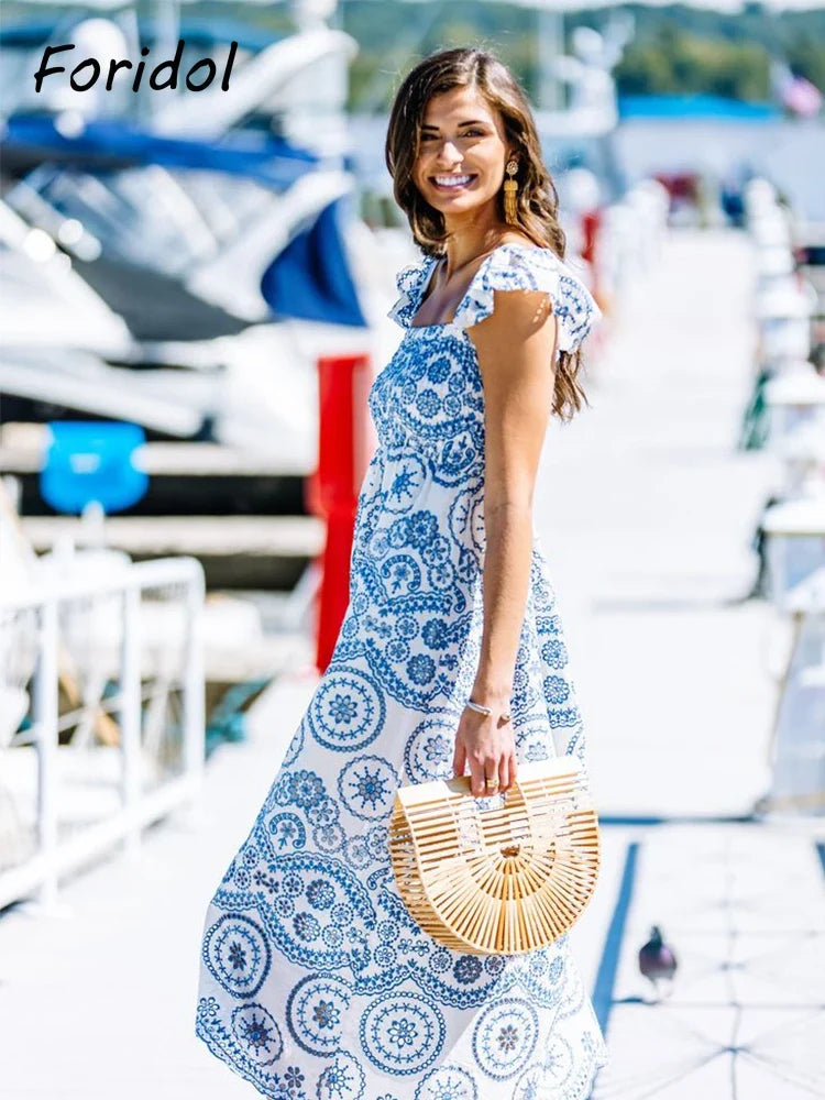 Blue Floral Embroidey Summer Beach Dress Women Casual Holiday Bohemian Dress Boho Sundress Maxi Long Vestidos Fashion Clothes