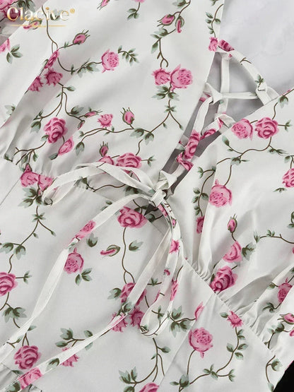 Clacive Summer Slim Print Women's Dress 2024 Sexy V-Neck Short Sleeve Mini Dresses Elegant High Waist Pleated Female Dress